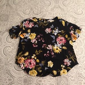LOFT Navy Floral Short Sleeve Blouse